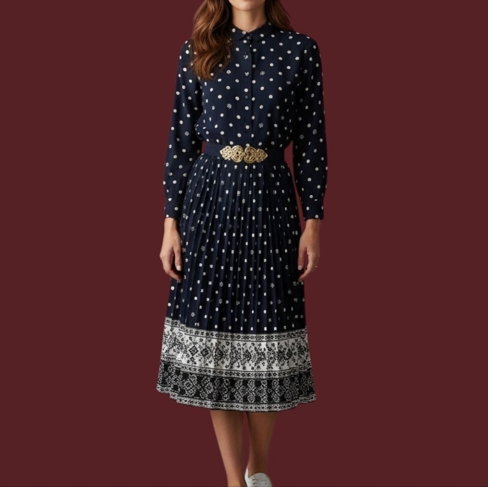 VTG BRELI 1980s Preppy Sailor Polka Dot Accordian Belted Midi Shirt Power Dress